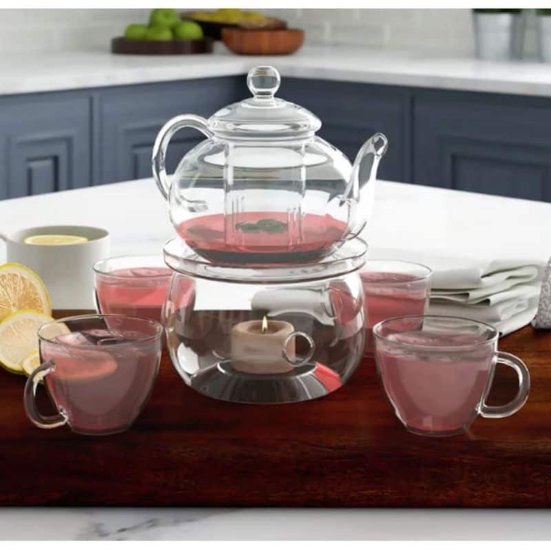 6-Piece Glass Tea Pot Set with Infuser Warmer and 4 Cups for Hot Tea and Kung Fu Ceremonies - 2'' H
