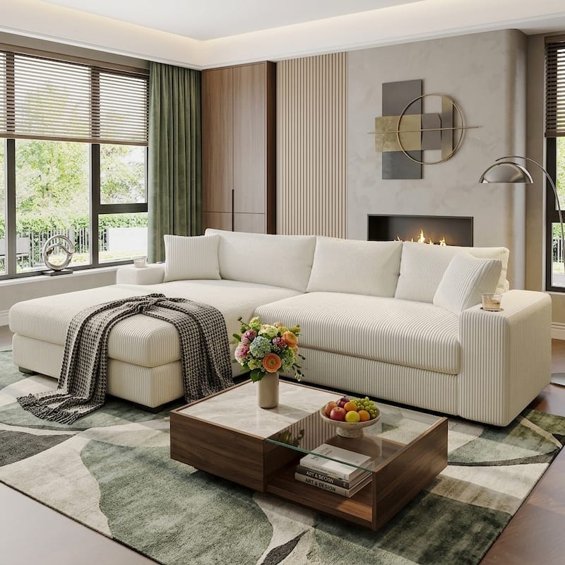 Luxurious Large Sectional Sofa with Thick Cushions, Lounge, Built-in Cup Holders & Charging Ports - Beige