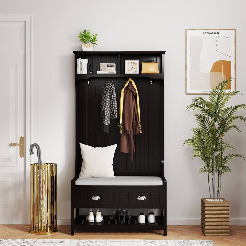3-in-1 Hallway Hall Tree with 2 Storage Drawers, 4 Coat Hooks, Padded Bench Cushion, Entryway Shoe Rack with Top Shelves
