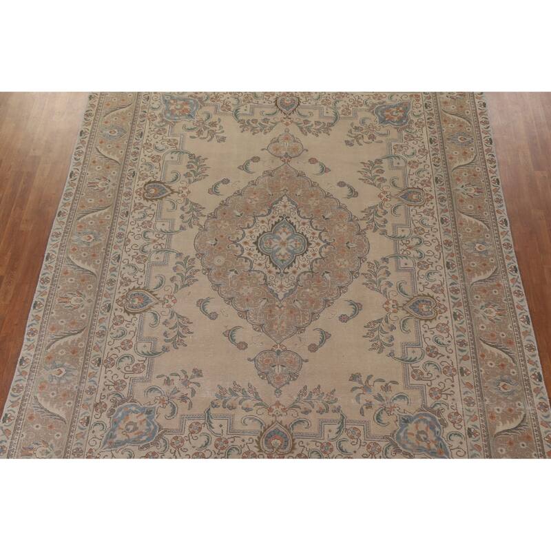 Hand Knotted Oriental 100% Wool Carpet Traditional Medallion Beige & Ivories Tabriz Area Rug - 12' 7'' X 9' 10''