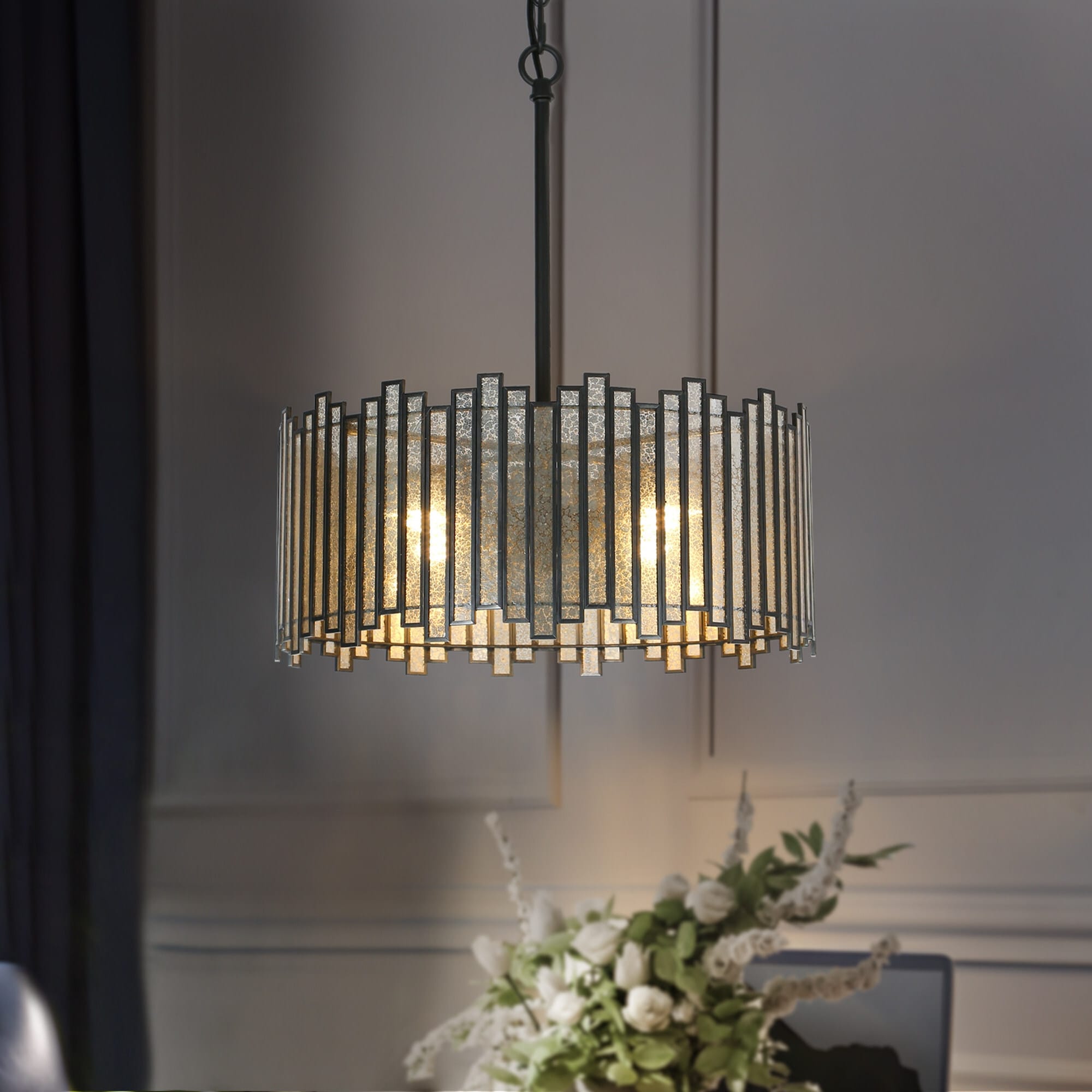 Modern 4-Light Drum Colored Glass Chandelier for Dining Room Bedroom