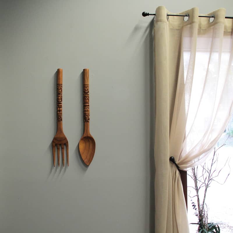 Carved Tiki Spoon & Fork Wooden Wall Decor Art Brown Utensil