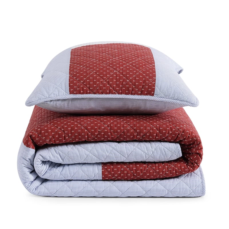 Tommy Hilfiger Nautical Anchor Flag Blue Cotton Reversible Quilt Set