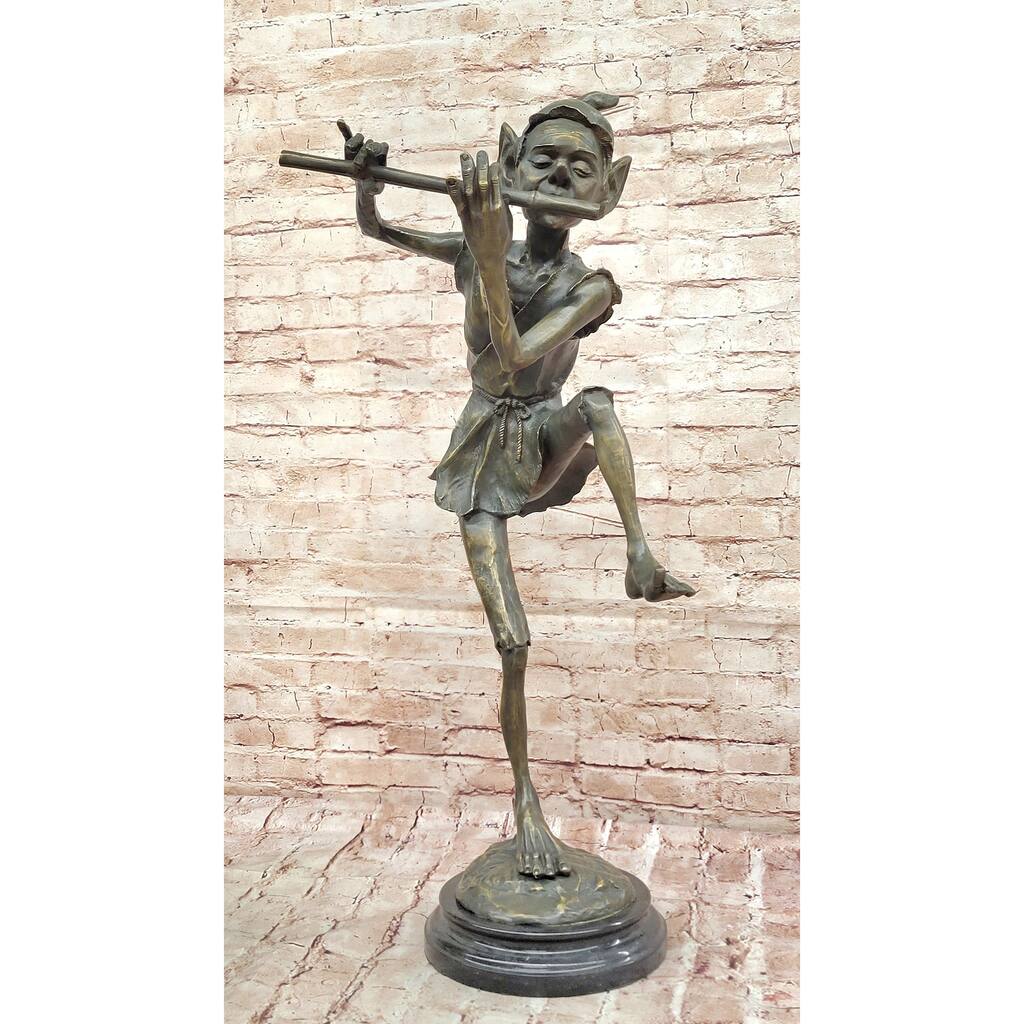 Fantasy Irish Bronze Sculpture – Dancing Leprechaun Playing Flute Figurine
