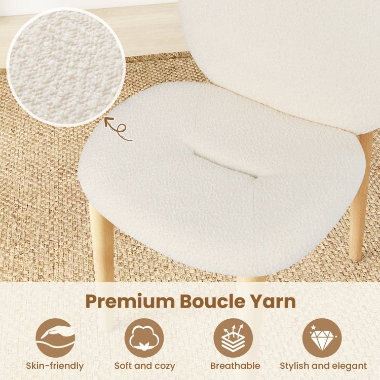White-Natural Rubber Wood Dining Chair Set of 2 with Boucle Cushion and Ergonomic Design - 20" x 24" x 33"