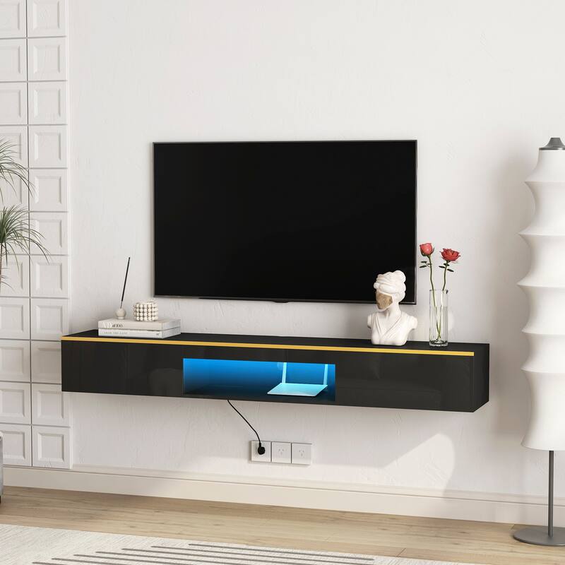 Floating TV Stand Wall Mounted with 16 Color LEDs & Cable Management, 69" Modern TV Cabinet Entertainment Center with Storage
