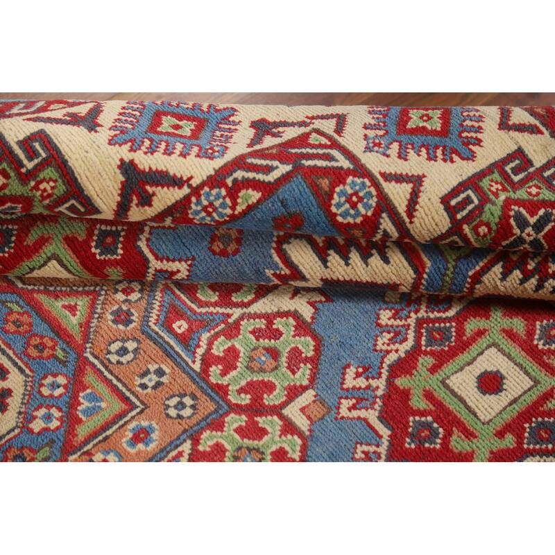 Blue Geometric Kazak Oriental Area Rug Handmade Wool Carpet - 4'10" x 6'7"