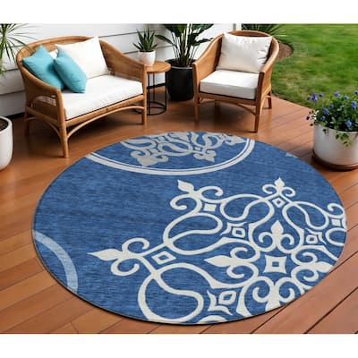 HomeRoots Floral Medallion Transitional Round Outdoor Rug - 8' Round