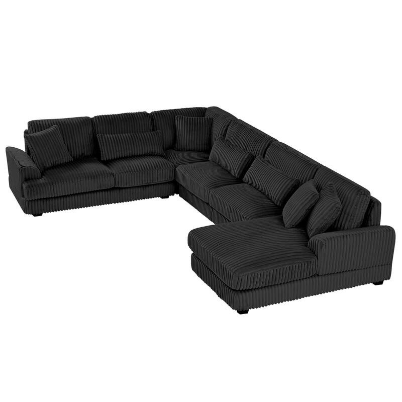 U-Shaped Sectional Sofa with Chaise Lounge, Oversized Corduroy Upholstered Sofa, 5 Seater Sofa with Removable Throw Pillows