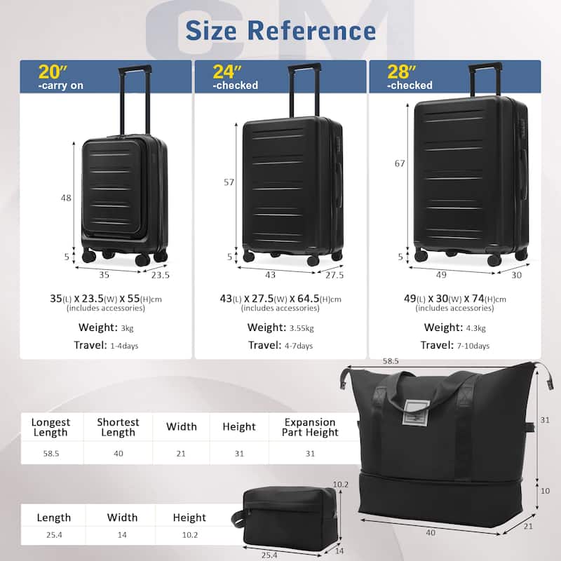 Luggage Sets 5 Piece with Front Opening, Hardside Expandable Carry On Suitcase Set with Double Spinner Wheel with USB Port