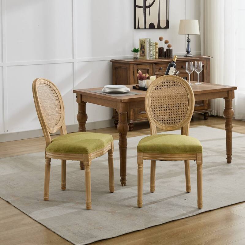 Set of 2 French Linen Upholstered Wood Dining Chairs with Rattan Back - Olive-Green