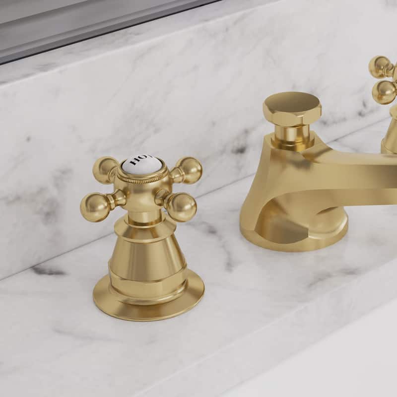 Classic Widespread Deck Mount Lavatory Faucets F2-0009 With Pop-Up Drain in Satin Gold With Metal Cross Handles
