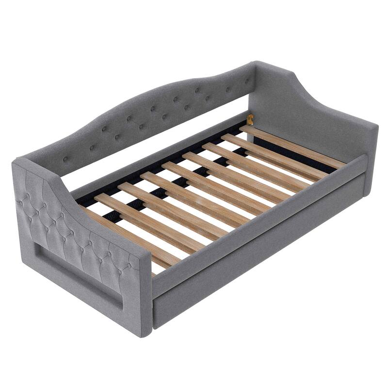 Twin XL Size Daybed, Pull-out Trundle Bed with LED Belt and Slats, Button Backrest Upholstered Platform Bed Frame