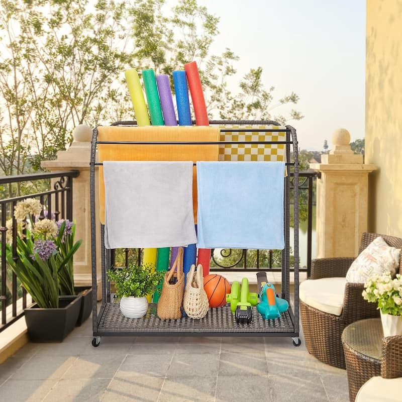 Pool Towel Rack Outdoor with Rattan 5 Bar Free Standing Poolside