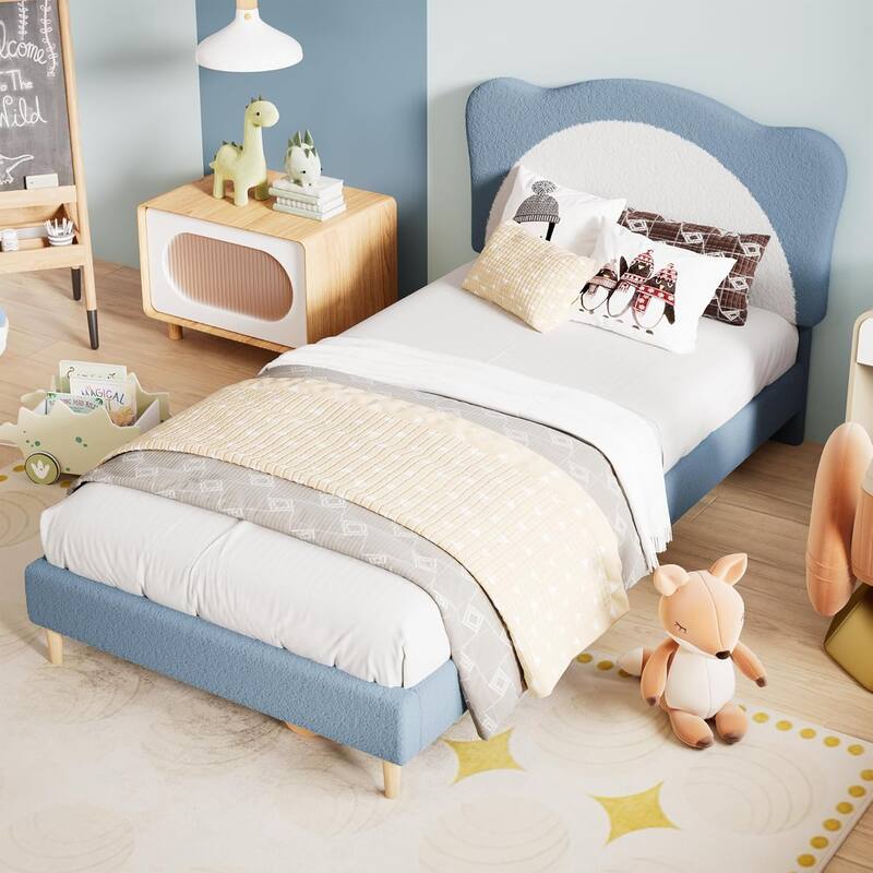 Velvet Kids Bed Frame with Adjustable Scallop Headboard, Princess Style Platform Bed, Solid Wood Slats
