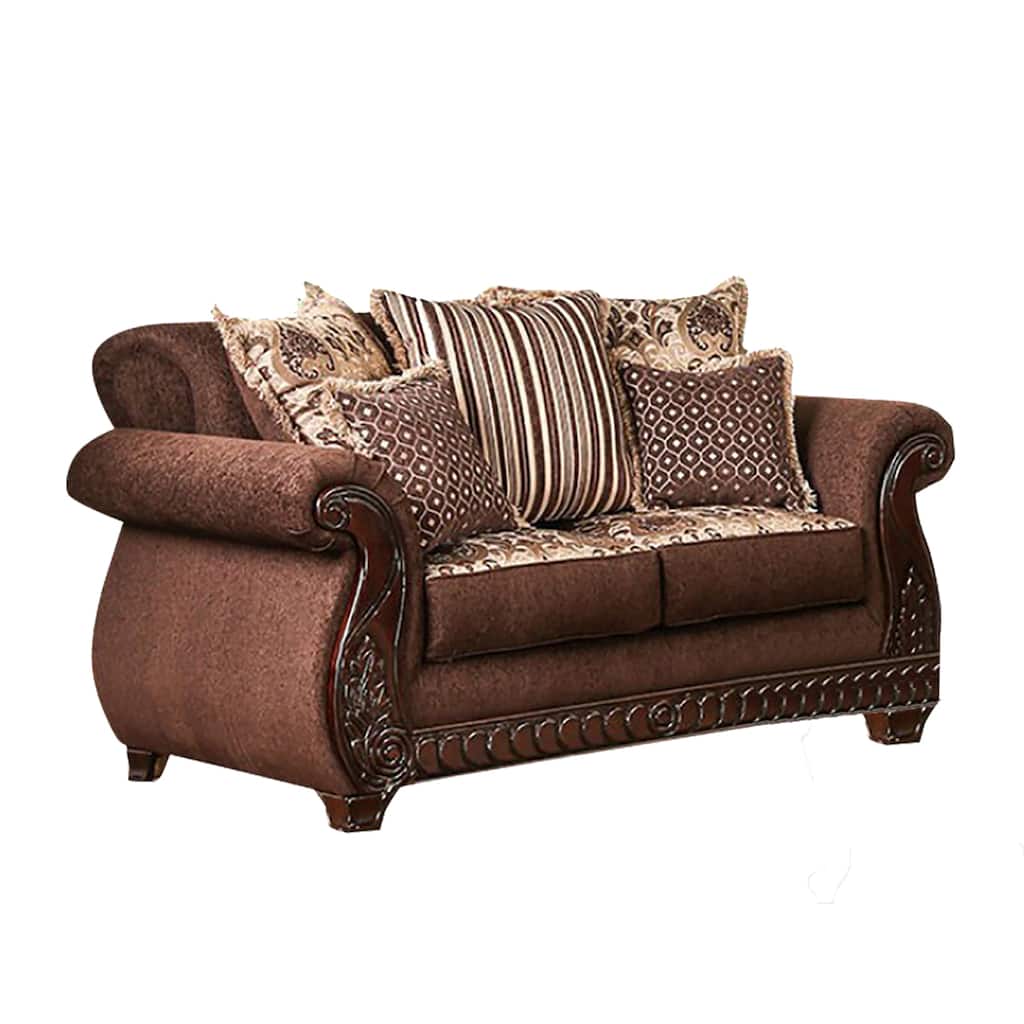 Fabric Upholstered Love Seat with Rolled Arms Design in Brown