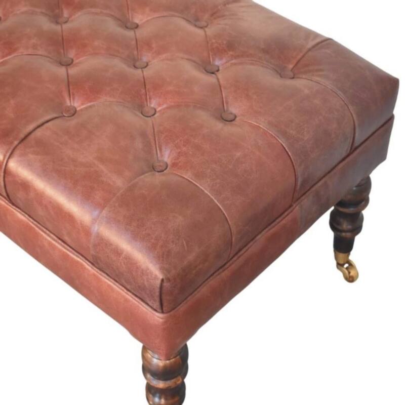 Artisan Furniture Solid Wood Buffalo Brown Leather Ottoman with Castor Legs