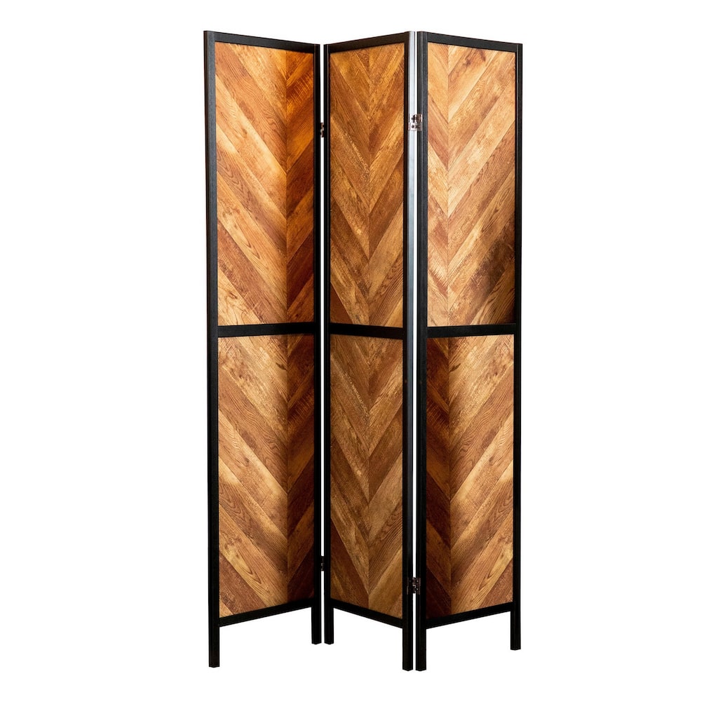 70 Inch Modern 3 Panel Folding Room Divider, Herringbone Pattern, Brown