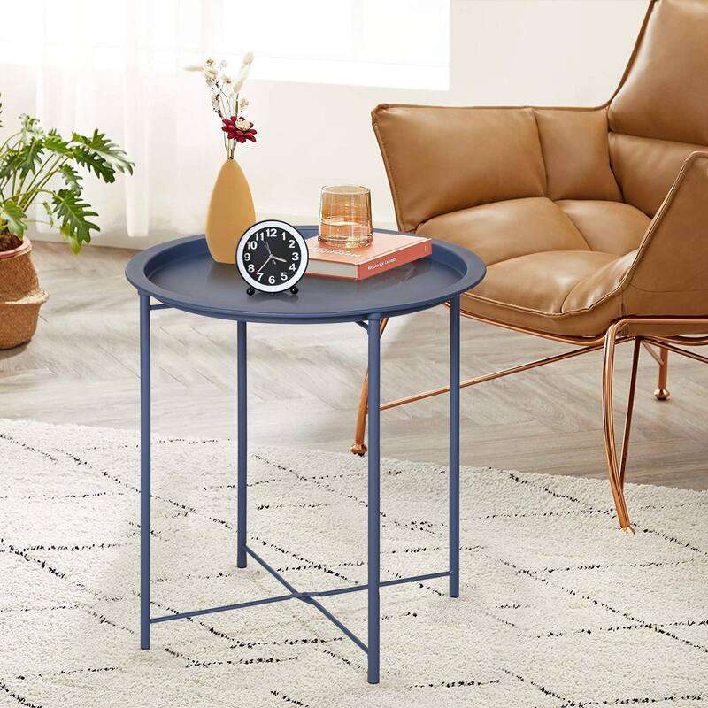 VECELO 1/2-Pack Blue Modern Side Table/ End Table with Round Removable Tray X-Shape Frame for Living Room or Bedroom