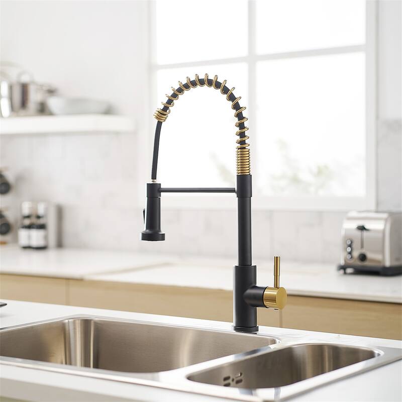 Single Handle Pull Down Sprayer Kitchen Sink Faucet Modern Commercial Kitchen Basin Faucets Matte Black & Brushed Gold
