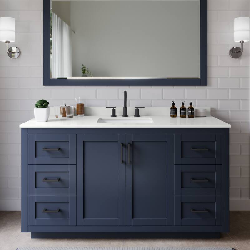 Wyndham Collection WCF292960S-QTZ-US3M58 Miranda 60" Free Standing - Dark Blue / White Quartz Top / Matte Black