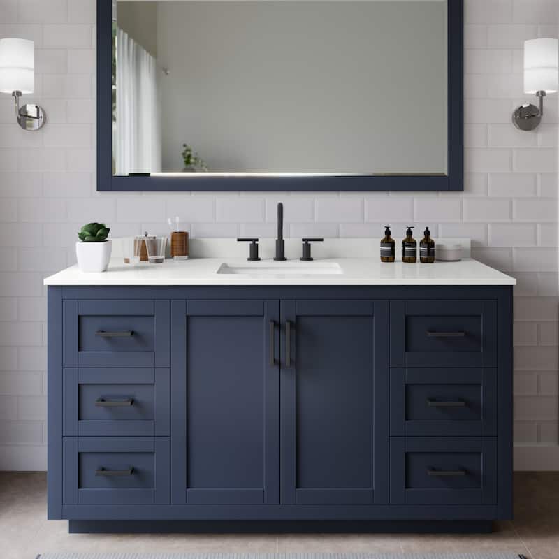 Wyndham Collection WCF292960S-QTZ-US3MXX Miranda 60" Free Standing - Dark Blue / White Quartz Top / Matte Black