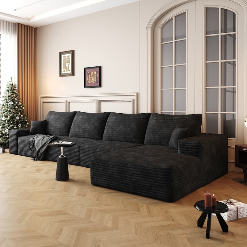 Large Sleeper Sectional Couch L-Shape Floor Modular Recliner Sofa Corduroy Upholstered Chaise Lounge with Ottoman for Livingroom