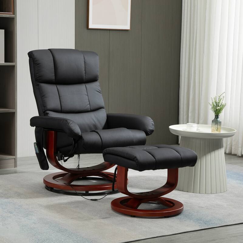 360° Swivel Reclining Massage Chair PU Leather Sofa Chair with Ottoman, 10 Point Vibration, Remote and Side Pocket - Black
