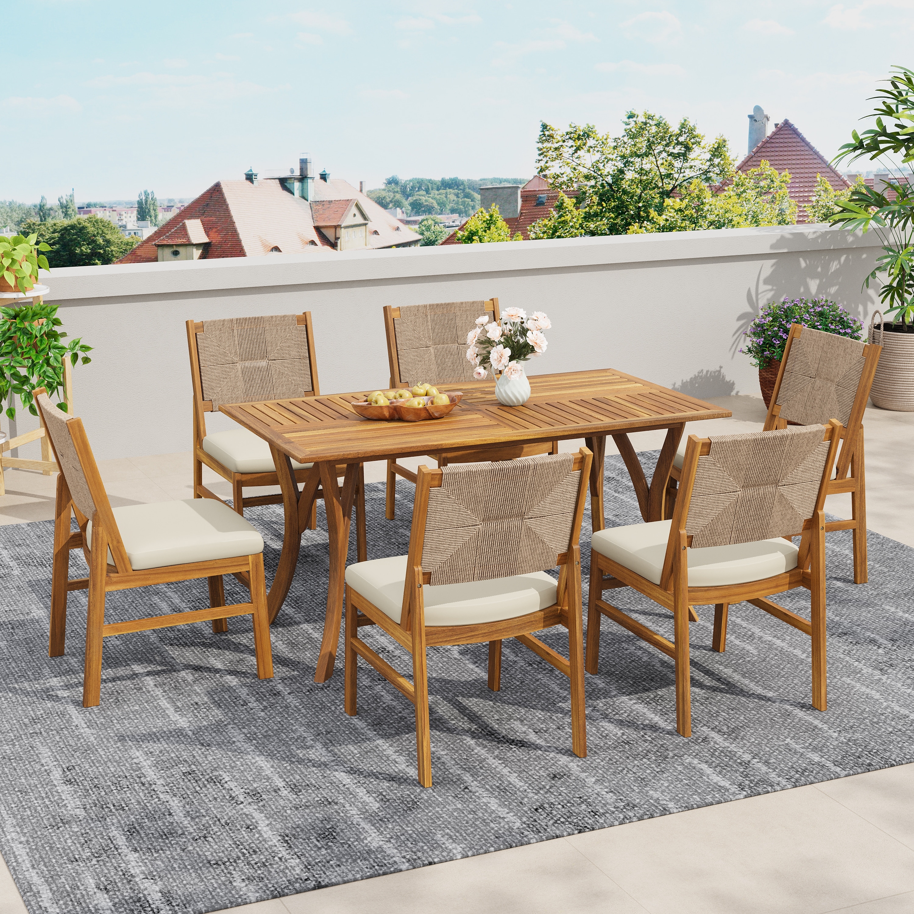 Christopher Knight Home - 7-Piece Outdoor Dining Set Acacia Wood with Teak Finish, Wicker Woven Chairs and Cushions Included