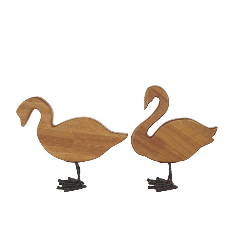 Wood Duck Abstract Minimalistic Decorative Garden Sculpture with Black Metal Feet - Set of 2 Brown - Roche River Decor