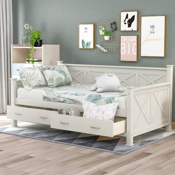 slide 2 of 26, Twin Size Wooden Modern and Rustic Casual Style Daybed with 2 Large Drawers,Bed W/X Frame Design,for Apartment, Bedroom