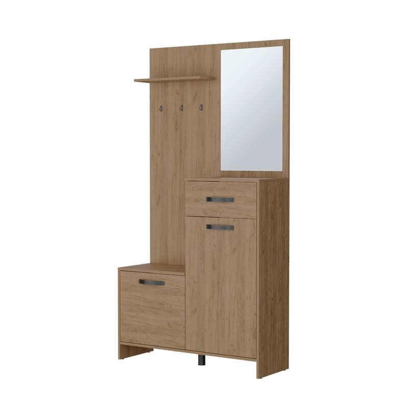 Tall Hall Tree with Mirror, Multi-Shelf Storage, Drawer, and Adjustable Legs for Organized Entryways