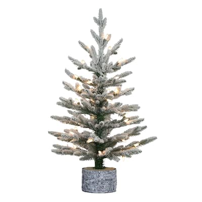 Puleo International Pre-Lit 2' Potted Flocked Pencil Arctic Fir Artificial Christmas Tree