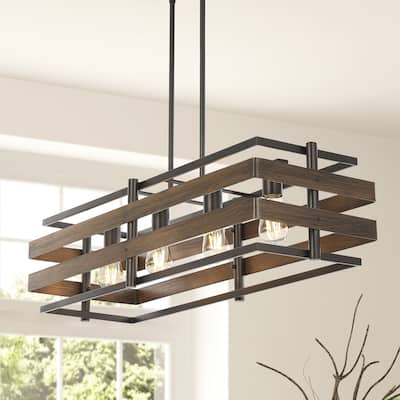 Lyla 34" 4-Light Rustic Farmhouse Iron Linear LED Pendant, Wood Finished/Oil Rubbed Bronze by JONATHAN Y - 4 Light