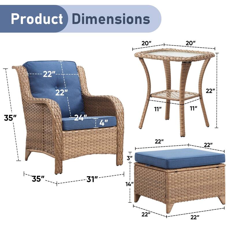 Pocassy 5-Piece Patio Furniture Wicker Chairs with Ottomans & Table