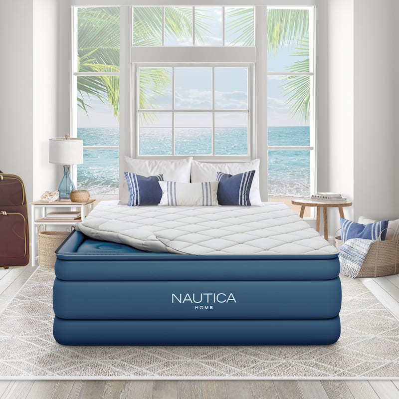 Nautica Home Cloud Supreme 18 in. Queen Air Mattress with Zip-Off Pillowtop - Inflatable Guest Bed with Built-In Pump - Blue - Queen