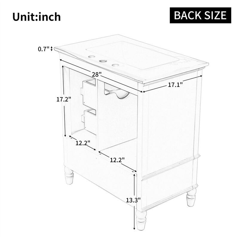 30" Bathroom Vanity with Ceramic Sink Combo, Freestanding Bathroom Vanity Cabinet with 1 Door and 3 Storage Drawers