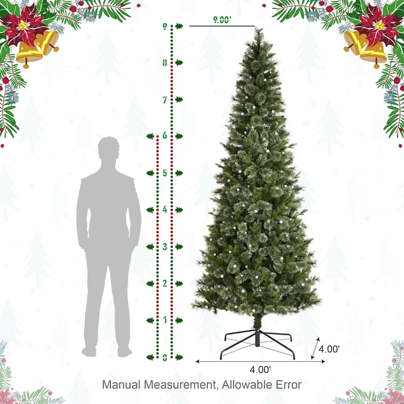 Glitzhome 7.5ft/9ft Pre-Lit Green Slim Pine Artificial Christmas Tree with Foot Pedal & Remote Control