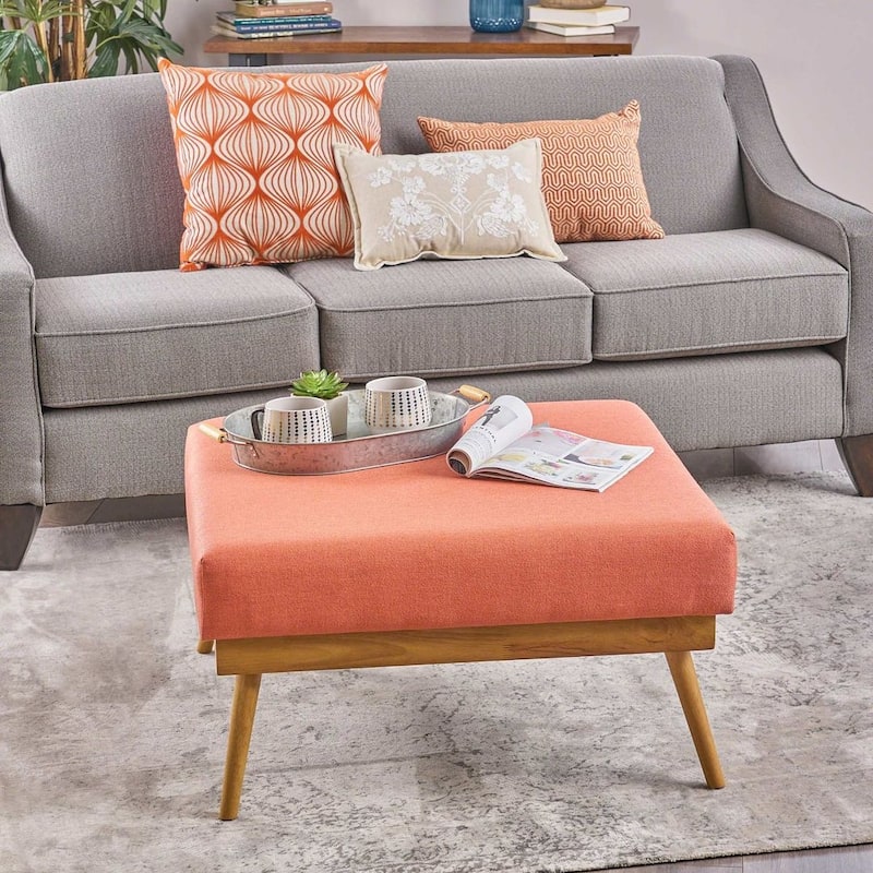 Coral Mid-Century Square Ottoman with Rubberwood Legs by Christopher Knight Home