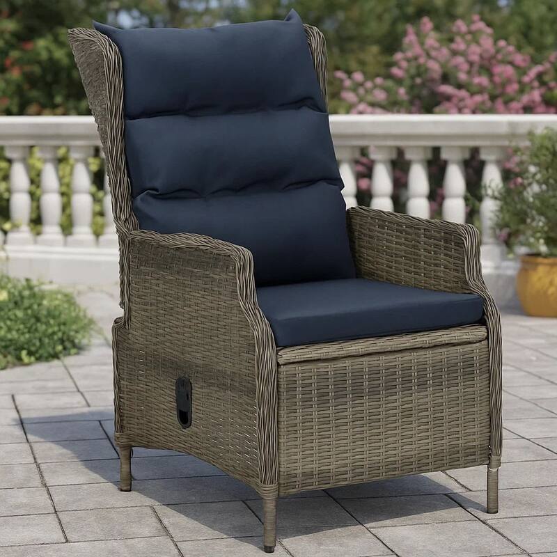 Outdoor Manual Reclining Chair, 2 Cushions, Brown Woven Poly Rattan