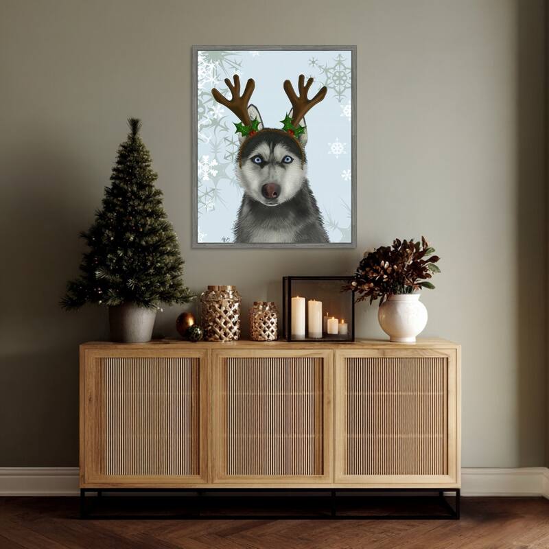 Husky and Antlers by Fab Funky (23 x 28 in.), Framed Canvas Wall Art Print - Sylvie Greywash