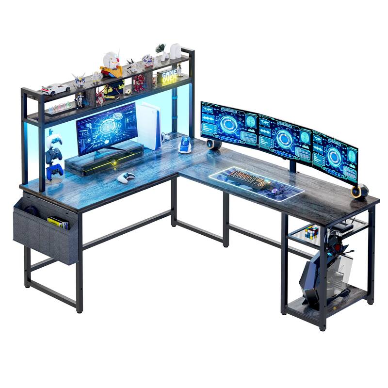 Reversible L-Shaped Desk with Storage Shelves and Hutch, Corner Desk with Charging Station and RGB LED Lights