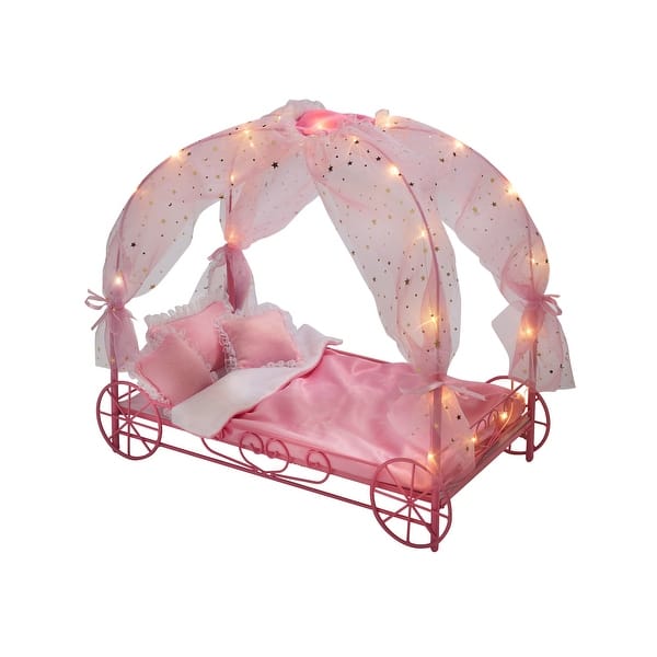 slide 2 of 9, Badger Basket Royal Carriage Metal Doll Bed with Canopy, Bedding and LED Lights - Pink/White/Stars - 22.5" x 11.75" x 18.5"