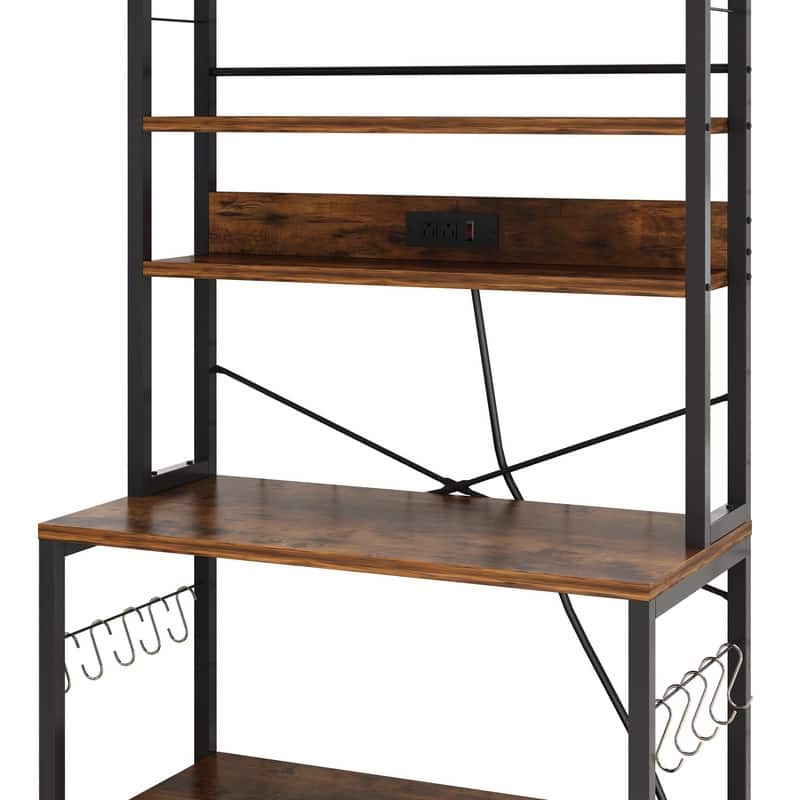 6 Layers Vintage Kitchen Baker's Rack with 10 S Hooks and Outlets