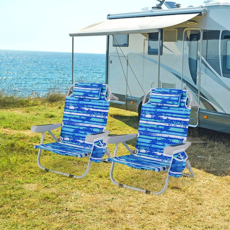 Oxford Fabric Adjustable Beach Chair with Aluminum Frame and Storage - 26" L x 25.5" W x 31" H