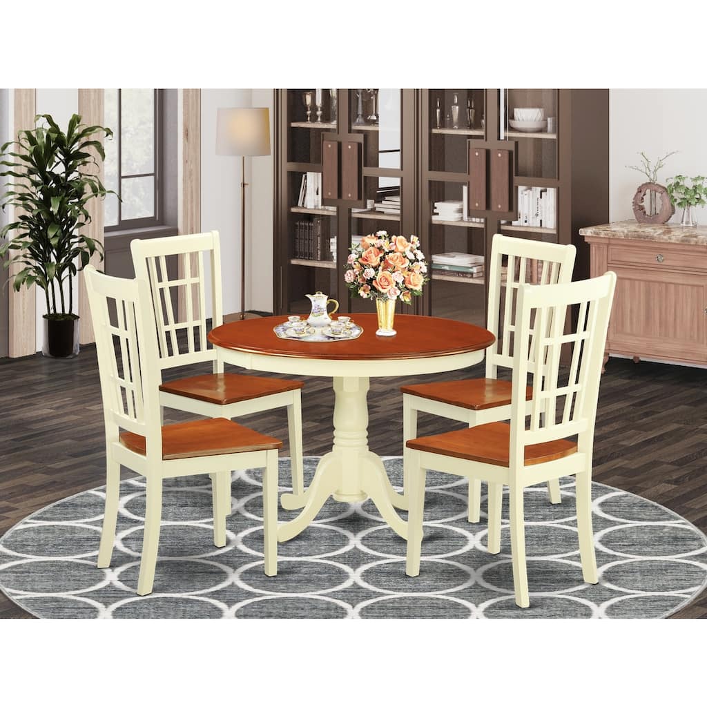 HomeStock 5-Piece Round Buttermilk and Cherry Finish Solid Wood Top Dining table with 4 Chairs with Lattice Back