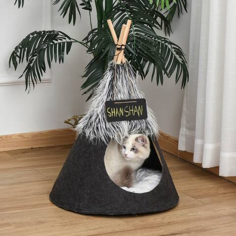 PawHut Pet Teepee Tent Cat Bed Dog House with Thick Cushion Chalkboard for Kitten and Puppy up to 6kg/13lbs 28inch/70cm Grey