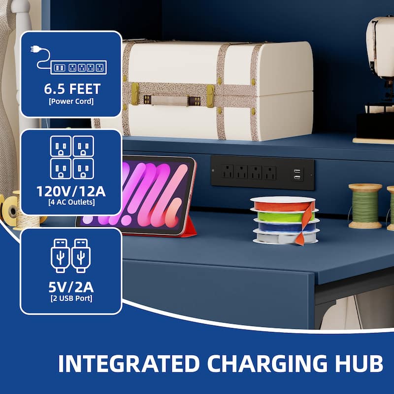 Moasis Expandable Crafting Table with Storage, Artwork Sewing Table with Cabinet and Magnetic Doors & Power Outlets