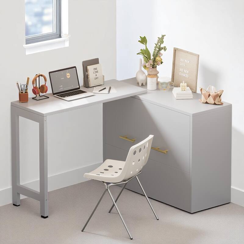 Convertible Twin Murphy Chest Bed with Adjustable L-Shaped Desk and Built-in Cushion for Small Rooms - Grey - Twin