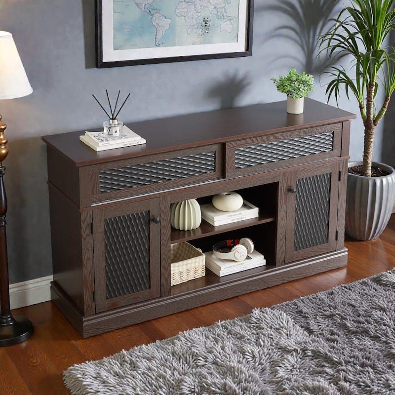 58 Inch Embossed Pattern TV Stand for TVs up to 65 Inch, Media Console with Sliding Door, Open Storage & Cabinets